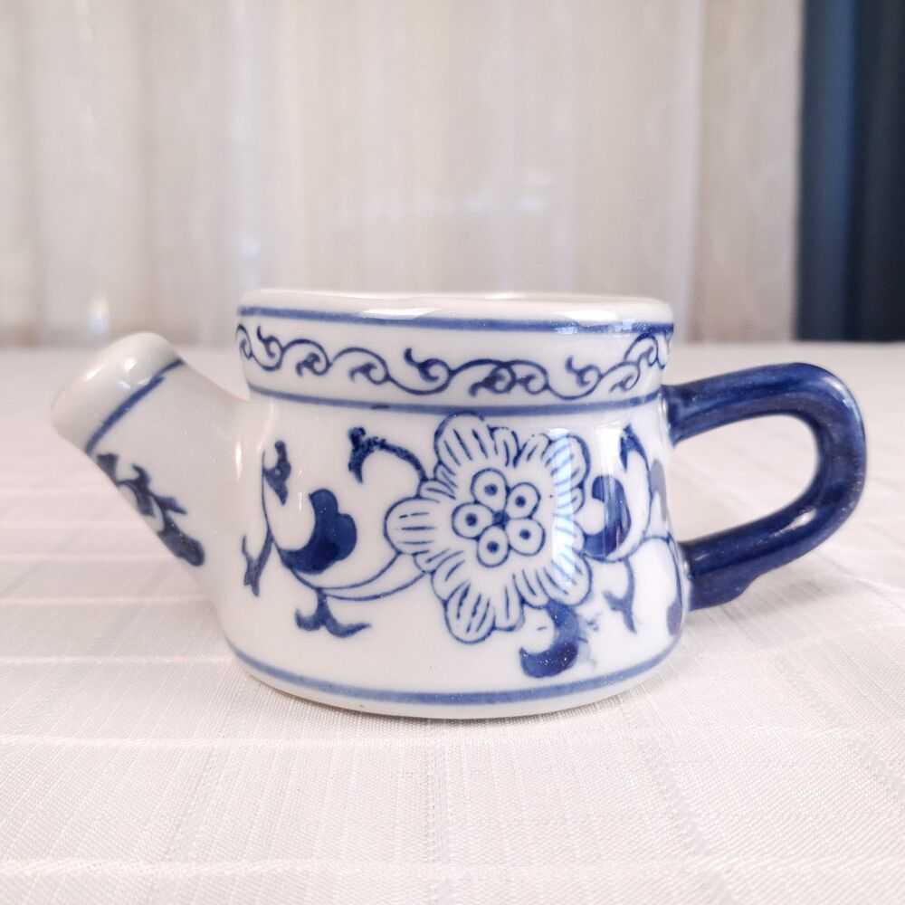 Vintage Mini Blue & White Ceramic Chinoiserie Watering Can Cachepot 5 in.